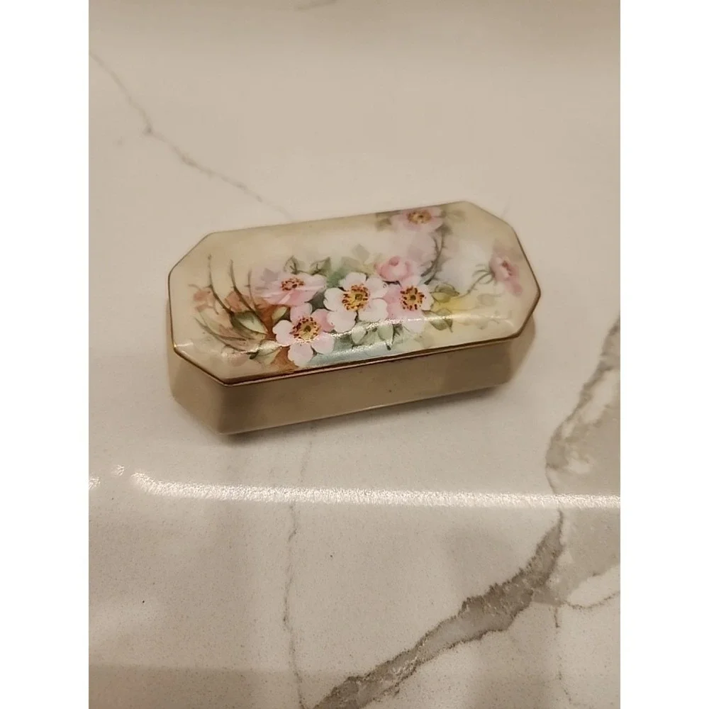 Vintage Limoges France Lidded Trinket Box Pink Wild Roses Hand Painted 3 3/4